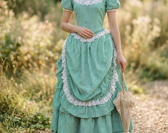 Green and White Striped Victorian Christmas Holiday Festive 1880s 1890s French Bustle Gown, Vintage Afternoon Stroll Garden Tea Party Dress