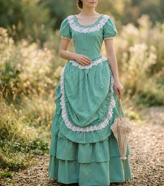 Green and White Striped Victorian Christmas Holiday Festive 1880s 1890s French Bustle Gown, Vintage Afternoon Stroll Garden Tea Party Dress