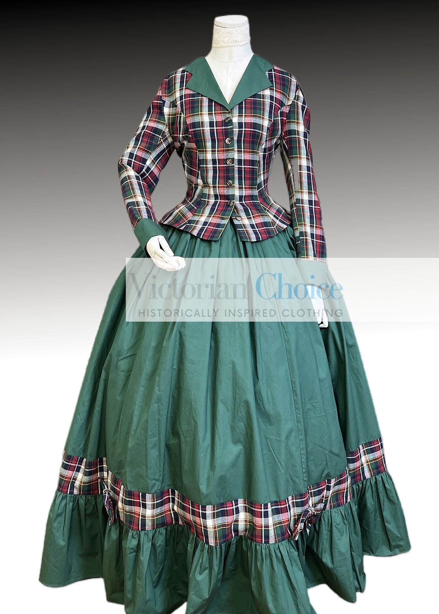 Victorian Dickens Christmas Caroler Caroling Festive Holiday Singing Tartan Dress Civil War Theatrical Costume (Size: S)