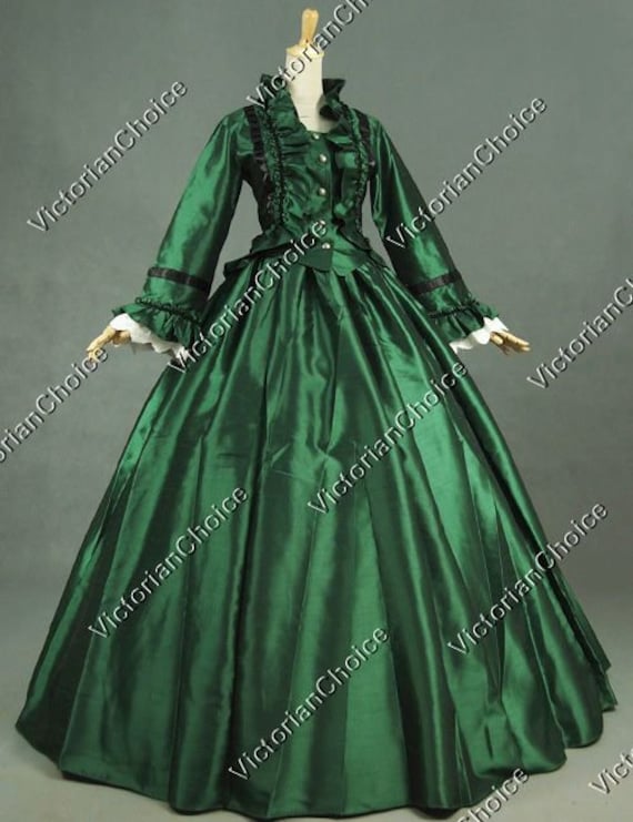 Green Victorian Premium Taffeta 19th Century Charles Dickens Fair Ball Gown, Civil War Day Dress, Historical Period Drama Theater Clothing