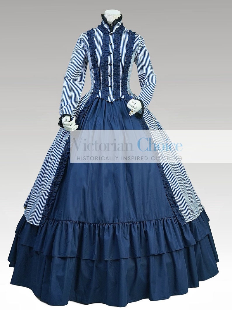 Victorian Dresses | Victorian Ballgowns | Victorian Clothing     Gothic Victorian Navy Stripe Mary Poppins Dress Beetlejuice Adult Women Cosplay Halloween Costume Comic Con Steampunk Gothic Girl Costume  AT vintagedancer.com