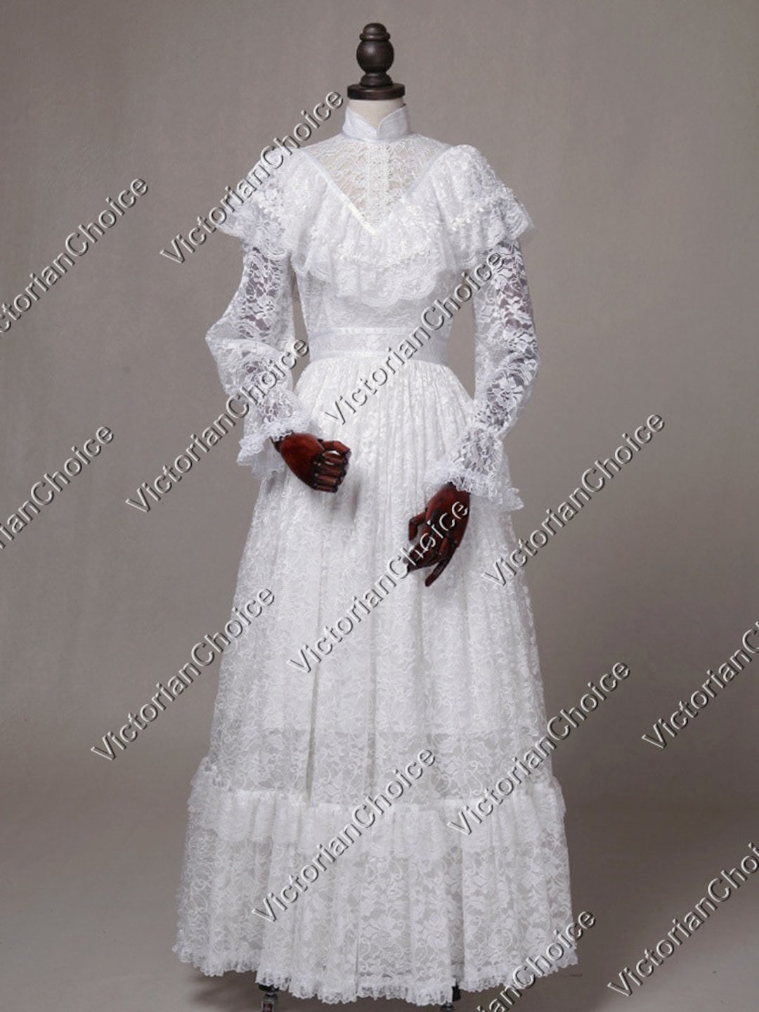 White Premium Lace Overlay Victorian Wedding Dress, Edwardian