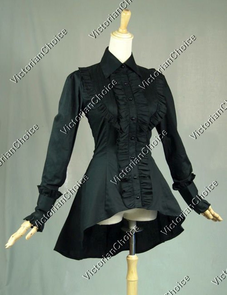 Victorian Blouses, Tops, Shirts, Vests, Sweaters Ladies Victorian Steampunk Vintage Romantic Black Ruffled Long Sleeve Cotton Blouse Shirt Theatrical Costume $53.95 AT vintagedancer.com