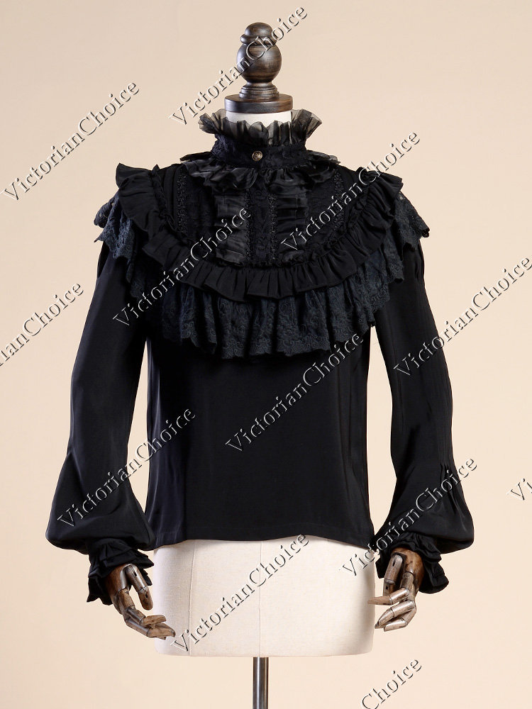 Women's Black Victorian Edwardian Vintage Shirt with Ruffled Collar, Gothic Girl Steampunk Cosplay Shirt Top, Dark Fantasy Theater Costume