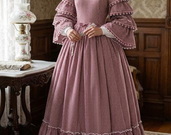 Victorian Dickens Civil War 19th-Century Cotton Gingham Prairie Frontier Pioneer Little Women Country Vampire Halloween Costume for women