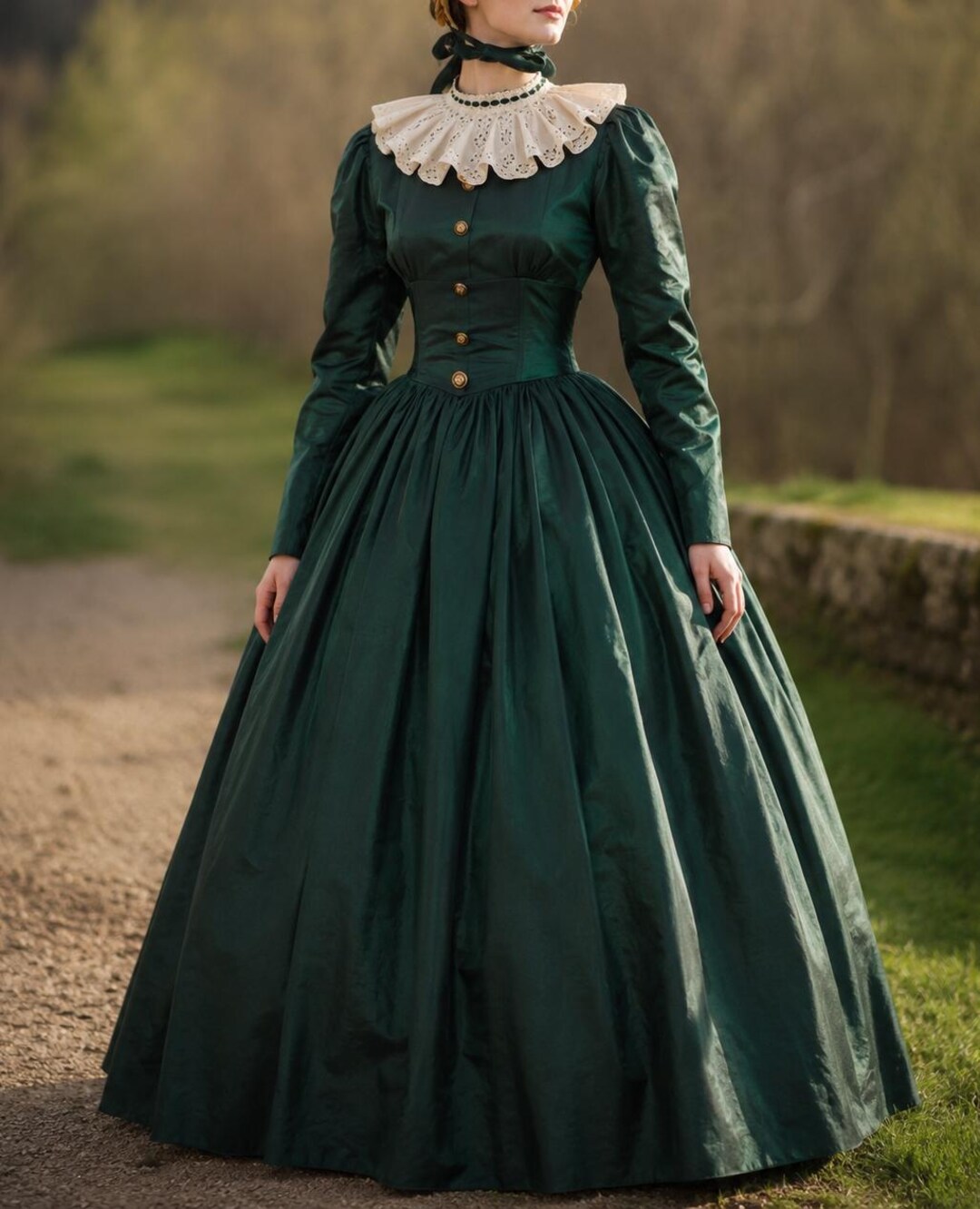 victorian era green dress Victorian Retro Tudor Dress Costume Green Retro Tudor Dress Costumes Long Sleeves Square Neckline Ball Gown Floral Print with Choker Victorian Era