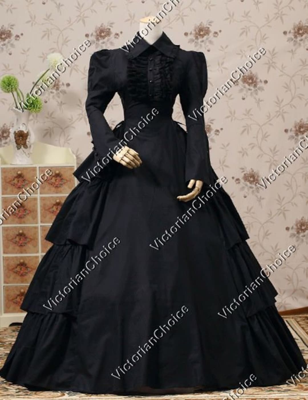 Black Victorian Gothic Cotton Maid Dress, Mourning Dress