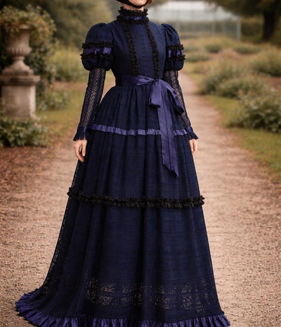 blue 1910s dress Navy Victorian Edwardian Premium Lace Dress, Penny Dreadful Vanessa Dress, Evil Queen Doll Horror Witch Halloween Costume summer-shop The Swan Dress | Sleeve:33 lace and velvet) 1