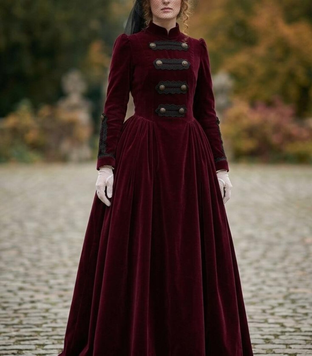 edwardian winter dress Victorian Holiday Festive 1890s Gown for Christmas Balls, Steampunk Military Gothic Coat Dress, Sherlock Holmes Theater Color:Burnt orange/Terracotta Designed By Guna Nebare HR-CX BuyBlue Cotton Solid A