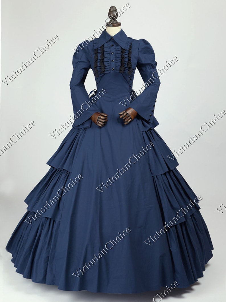 Victorian Plus Size Dresses | Edwardian Clothing, Costumes Victorian Maid Navy Blue Cotton Dress Gothic Royal Holiday Ball Gown Theater Steampunk Costume $149.00 AT vintagedancer.com