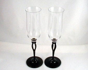 Contemporary Champagne Flutes- WEDDING FLUTES "Tuscan Black Tulip" by Mikasa- Circa 2004-2005- (Sold as a Pair)