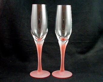 Vintage WEDDING or ANNIVERSARY Champagne Flutes "LOTUS" Peach Mist by Fostoria- Circa 1980-1982- (Sold as Pair)