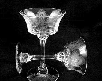 Vintage Champagne Glasses- WEDDING GLASSES "MINUET" Etch by Heisey- Circa 1939-1950's- (Sold as a Pair)