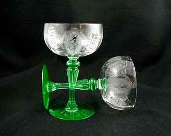 Vintage Champagne Glasses- WEDDING GLASSES- Art Deco Style "CLASSIC Green" by Tiffin- Circa 1913-1936- (Sold as a Pair)