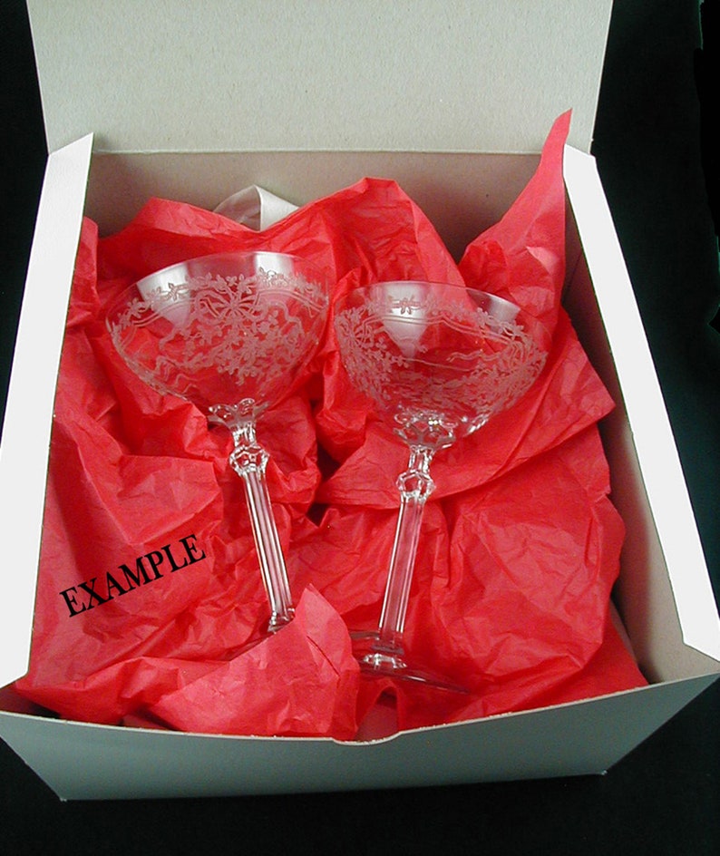 Vintage Champagne Glasses WEDDING GLASSES MINUET Etch by Heisey Circa 1939-1950's Sold as a Pair image 10