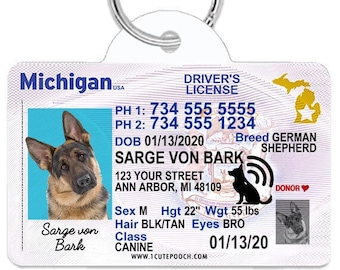 Michigan Driver License Custom Pet ID Tags Personalized Dog Tags
