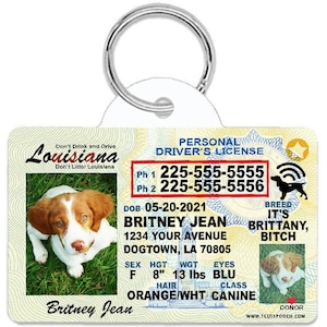 Louisiana Driver License Custom Pet ID Tags - Personalized Dog Tags - Unique Handmade Durable ID Tags for Dogs and Cats