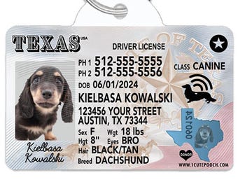 Texas Driver Dog Id Tag Personalized License, Durable Dog Tag, Double Sided Dog Identity Tags, Pet Id Tag Dog License