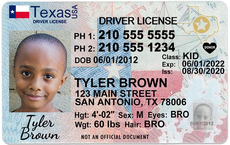 Texas Kid Driver License for Children Under 12 Child ID ...