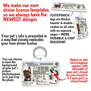 May include: A North Carolina driver's license style dog tag with a German Shepherd dog image, the text "BRISKET VON SITZ" and the words "DRIVER LICENSE" and "CANINE".
