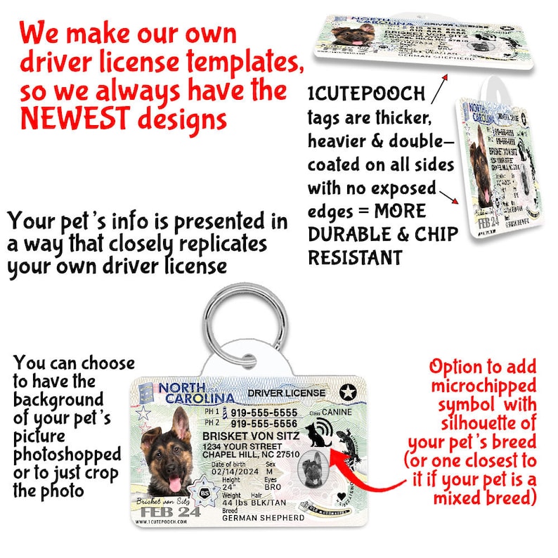 May include: A North Carolina driver's license style dog tag with a German Shepherd dog image, the text "BRISKET VON SITZ" and the words "DRIVER LICENSE" and "CANINE".