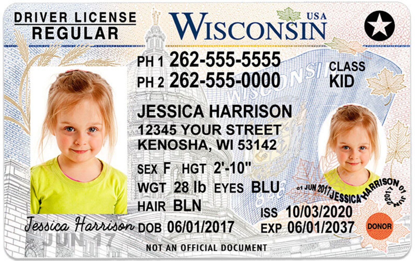 Wisconsin Kid Driver License for Children Under 12 Child ID | Etsy