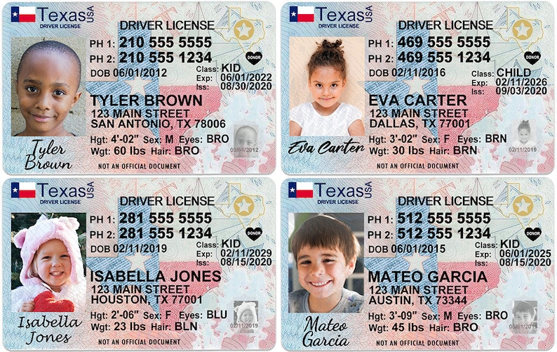 Texas Kid Driver License for Children Under 12 Child ID Card Etsy