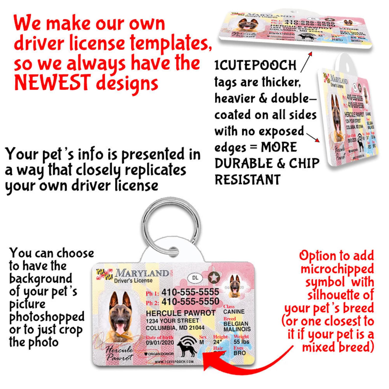 Maryland Driver License Custom Pet ID Tags Personalized Dog Tags Unique