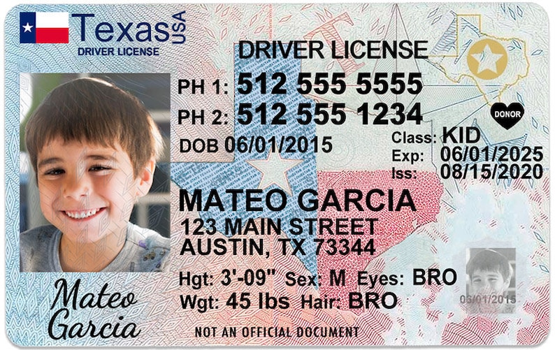 Texas Kid Driver License for Children Under 12 Child ID Card Etsy