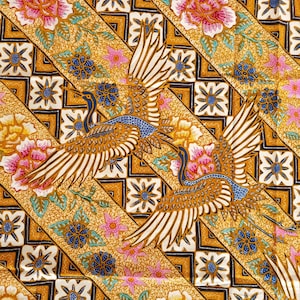 Indonesia Batik Tulis Fabric Japanese Crane Bird Oriental Sakura