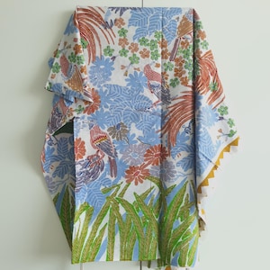 Indonesian Batik fabric handprint bird nest tropical, 100% soft Cotton fabric, java, bali traditional beach sarong/wall art white turquoise