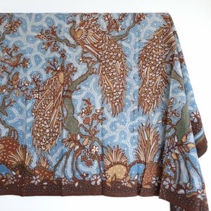 Indonesia Batik tulis asian fabric art natural coloring blue indigo brown sogan floral pair of peacocks sarong/summer wear, DIY home decor