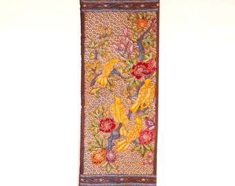 Indonesian Batik Tulis Scarf, Hand Drawn Bird Floral Textile, Japandi Wall Art, Luxury Table Runner, Brown Blue Handbag Scarf Gift