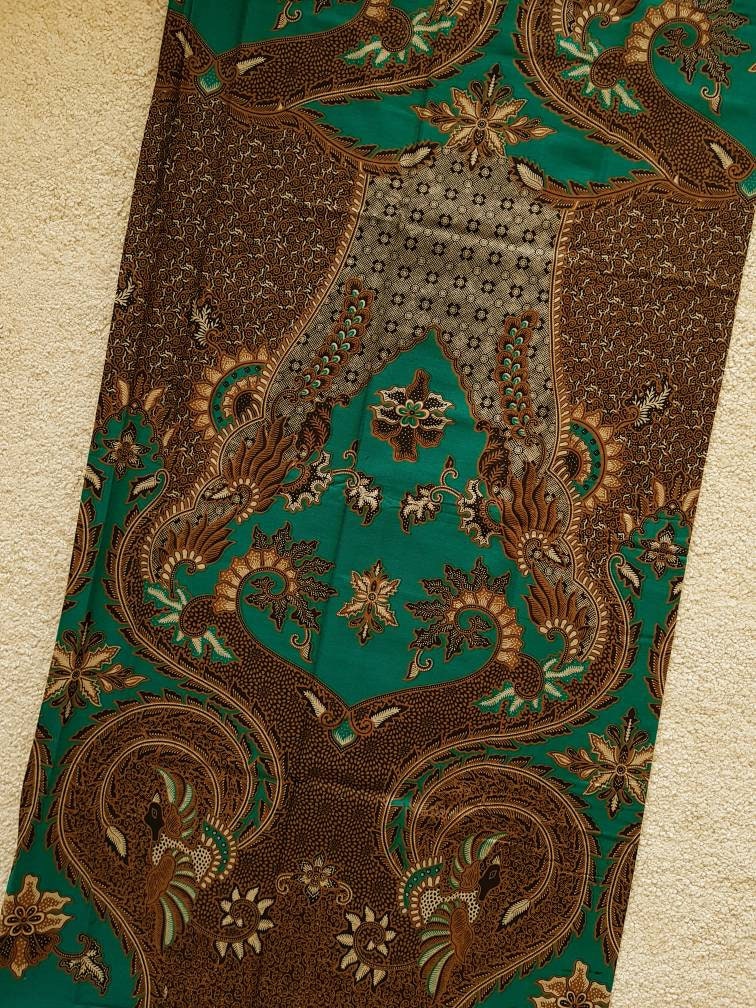 Indonesian Batik Fabric, Motif of Painting-Like Bird, Flower, Emerald Green