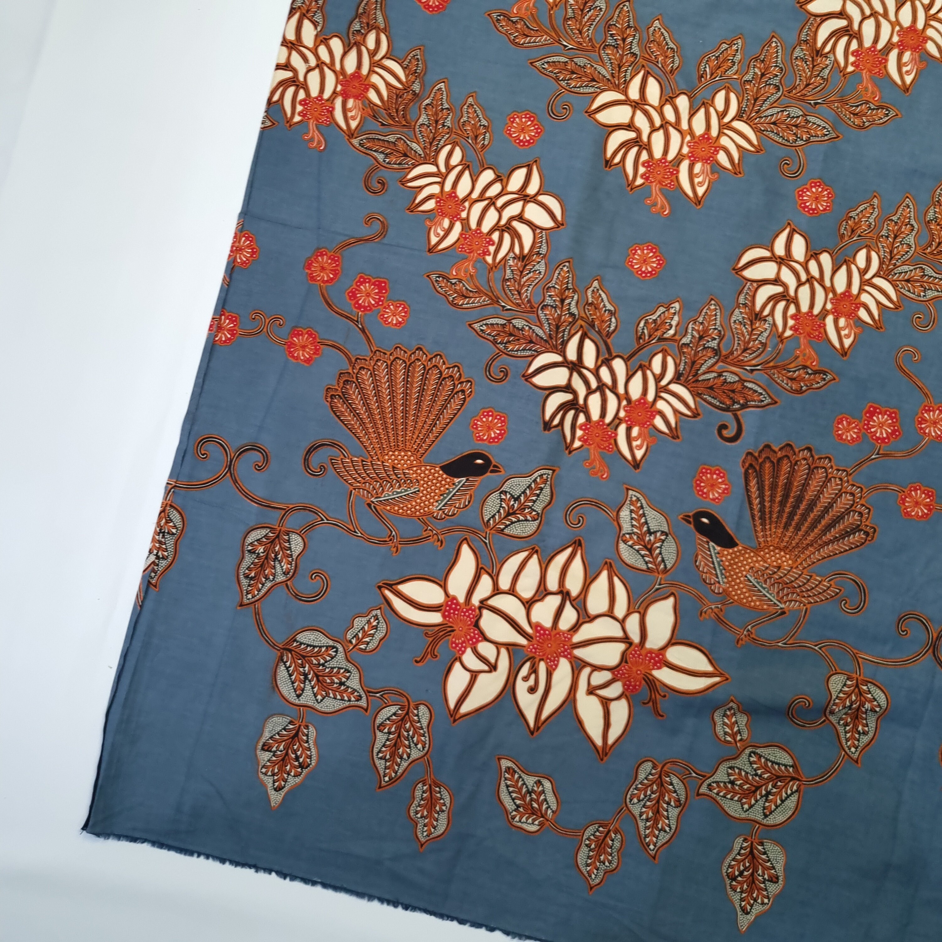 Indonesian Batik Fabric, Motif of Painting-Like Bird, Flower, Emerald Green