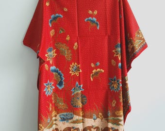 Indonesian Batik fabric Handprinted red floral lotus flower poly Cotton traditional hem sewn DIY kebaya peranakan oriental sarong kimono