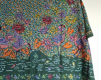 Indonesian Batik tulis crane bird fish pond teal green tapestry 100% Cotton Hand drawn using canting java batik traditional nature landscape