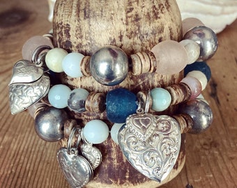 Beaded Bracelets, Boho Bracelets, Boho Beaded Bracelets, Stacking Bracelets, Calming Bracelets, Heart Trinket Bracelet