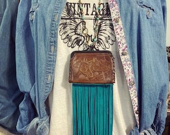 Cowgirl Southwestern Horse Horseshoe Tooled Leather Coin Purse Pendant Necklace