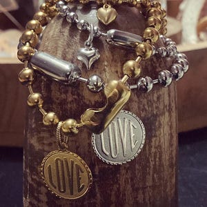 Love Charm Bracelet, Stainless Steel Bracelet with Love Charm, Love Charm Stacked Bracelet Set, Gift for Mom