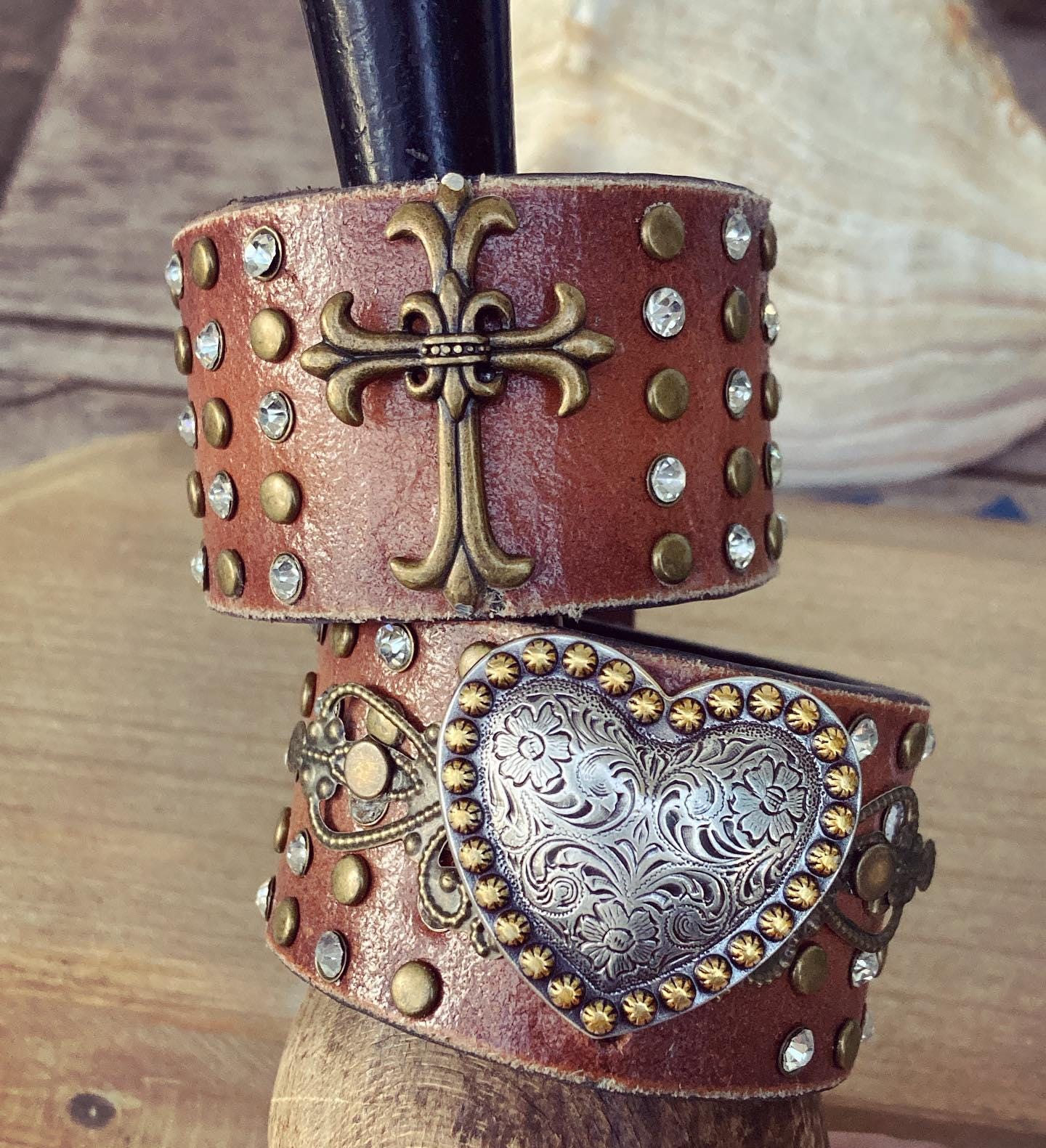 Heart on Leather Cuff, Cross on Leather Cuff, Rhinestone Leather Cuff, Boho Bohemian Gypsy Hippie Leather Cuff