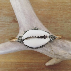 Cowrie Shell Bracelet Cuff, Shell Bracelet Cuff, Raw Pyrite Bracelet Cuff, Seashell Bracelet Cuff