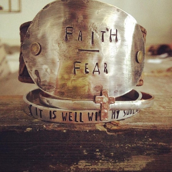 Faith Over Fear Leather Bracelet Cuff, Inspirational Leather Bracelet Cuff