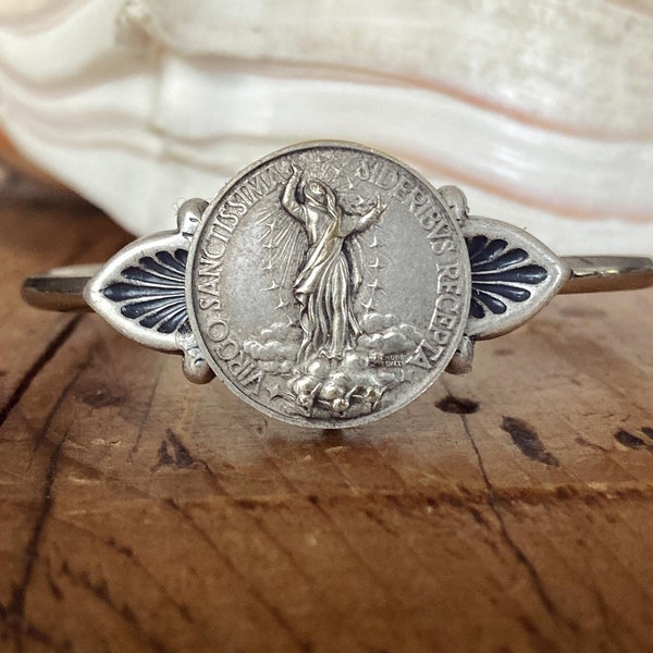 French Medal Religious Bracelet Cuff, Vintage Religious Medal Cuff, Rosary Cuff, Repurposed Cuff Bracelets, Flea Market