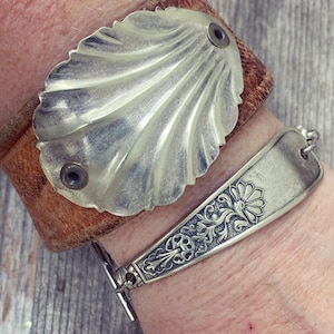 Vintage Spoon Bracelet Cuff Jewelry, Vintage Silverware Bracelet Cuff Jewelry, Distressed Brown Leather Cuff, Spoon Jewelry
