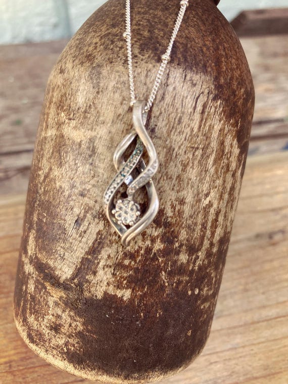 Vintage Sterling Silver Diamond Pendant Necklace, Vintage Sterling Cluster Diamond Necklace, Vintage Sterling Diamond Necklace