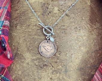 Vintage Bird Coin Necklace, Vintage Wren Coin Necklace, Vintage Wren Necklace