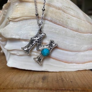Initial Necklace, Engraved Initial Necklace, Turquoise Initial Necklace