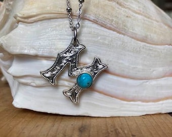 Initial Necklace, Engraved Initial Necklace, Turquoise Initial Necklace