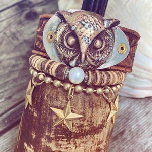Brazalete de búho, brazalete de cuero de búho, brazalete de bosque